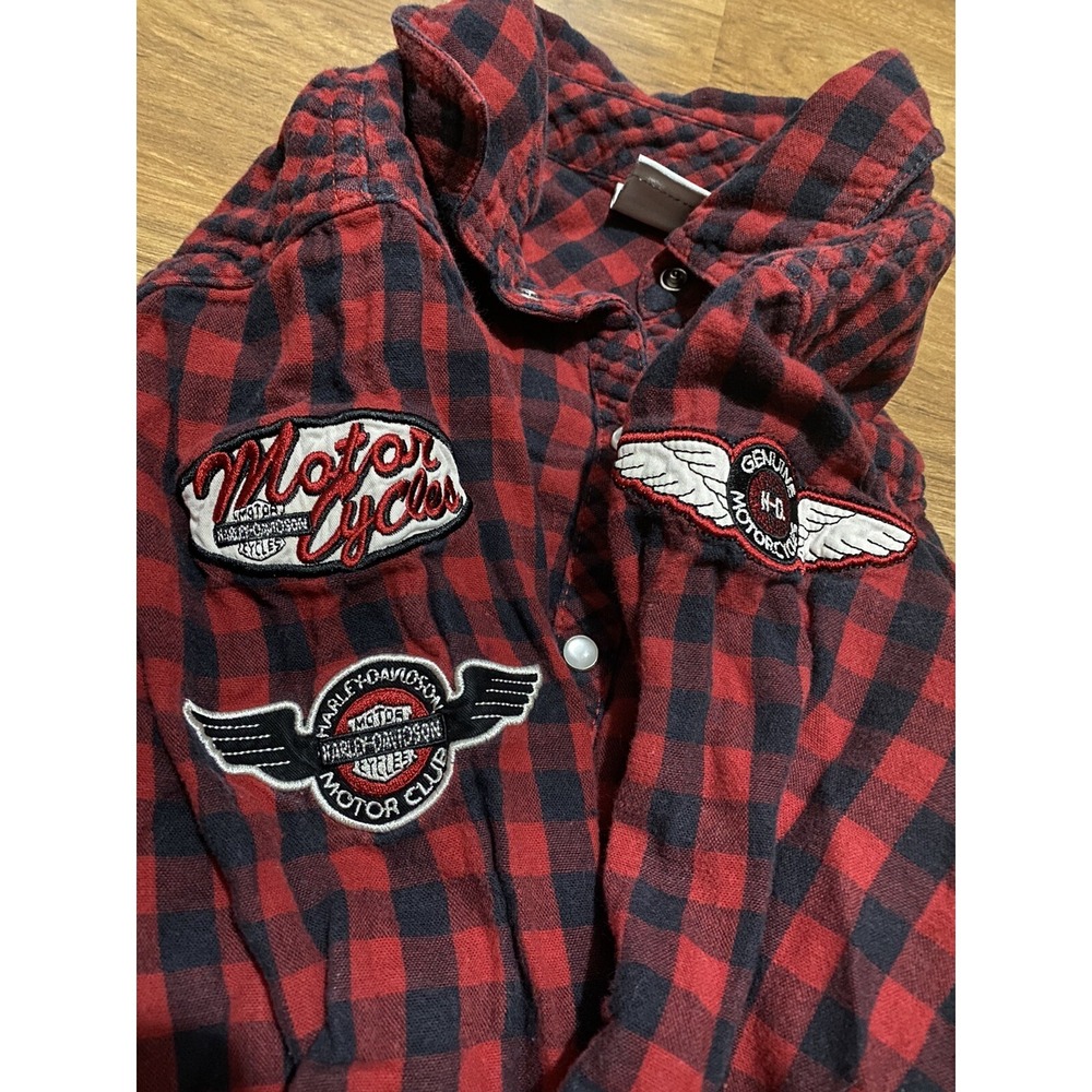 Harley Davidson Women M Red Black Plaid Snap Button Down Corset Tie Back Shirt - Picture 5 of 8